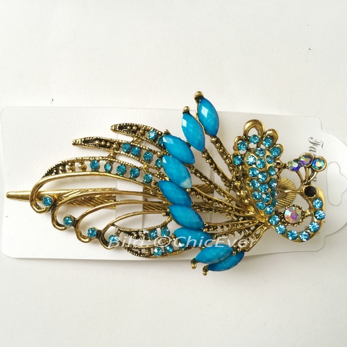 B-Ware Haarspange Pfau Vintage Metall Strass türkis blau gold B5248a - zum Schließen ins Bild klicken